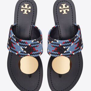 Tory Burch $268 Patos LEATHER Disk Sandal Blue Woven 10